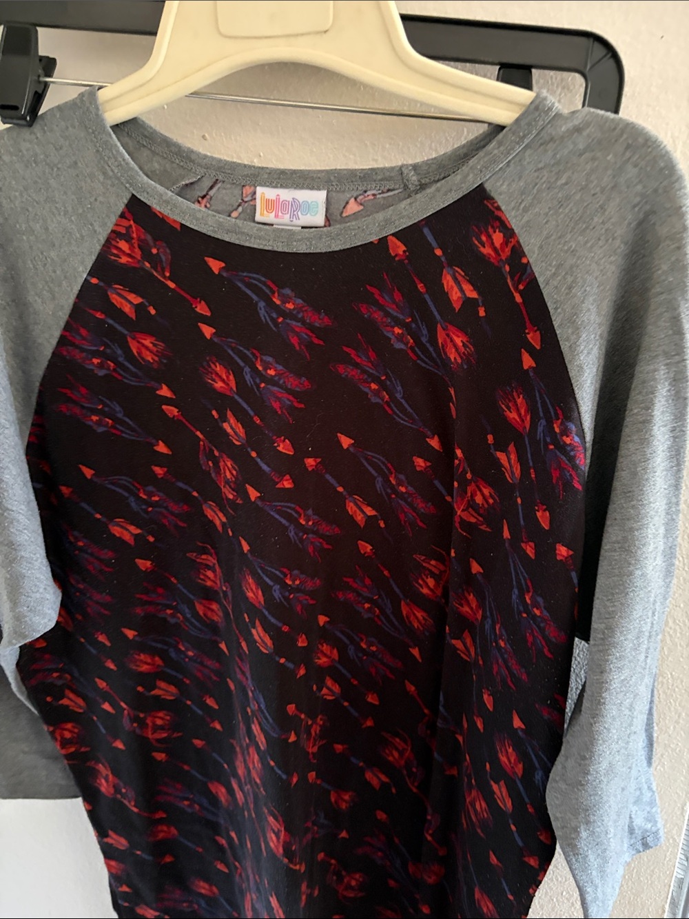 LuLaRoe Randy Top with Red & Purple Abstract Motif
